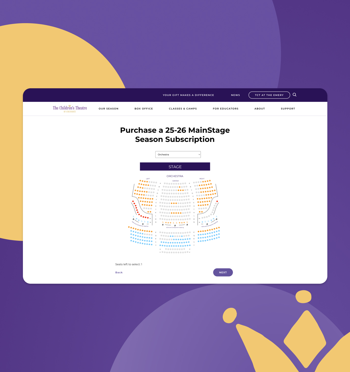 The Chidlren's Theatre of Cincinnati season subscription page with the seats selection
